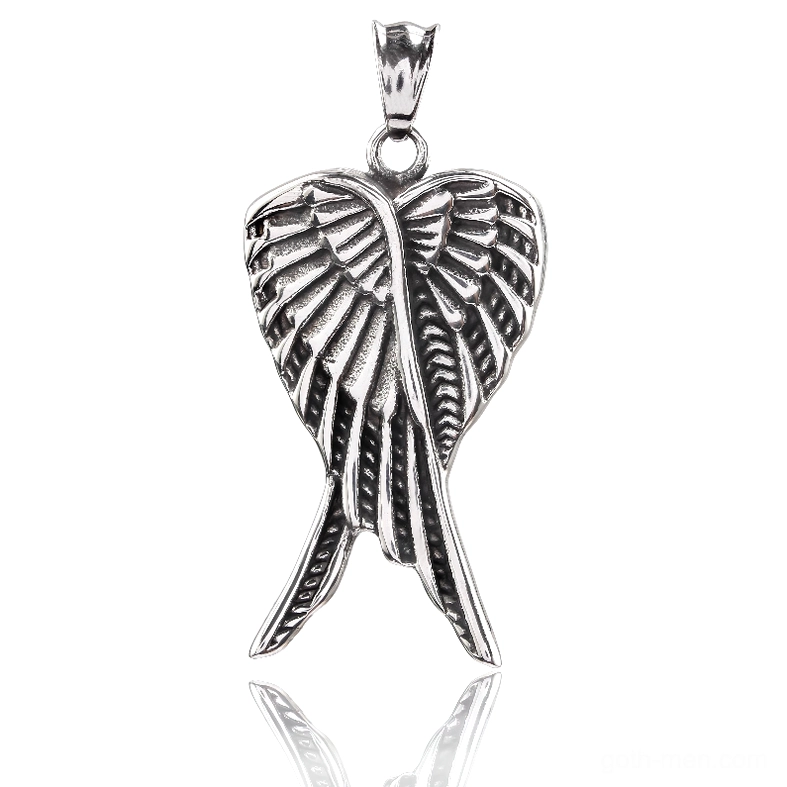 Gothic overlapped angel wings necklace pendant back view showing S-STEEL stamp heart backplate