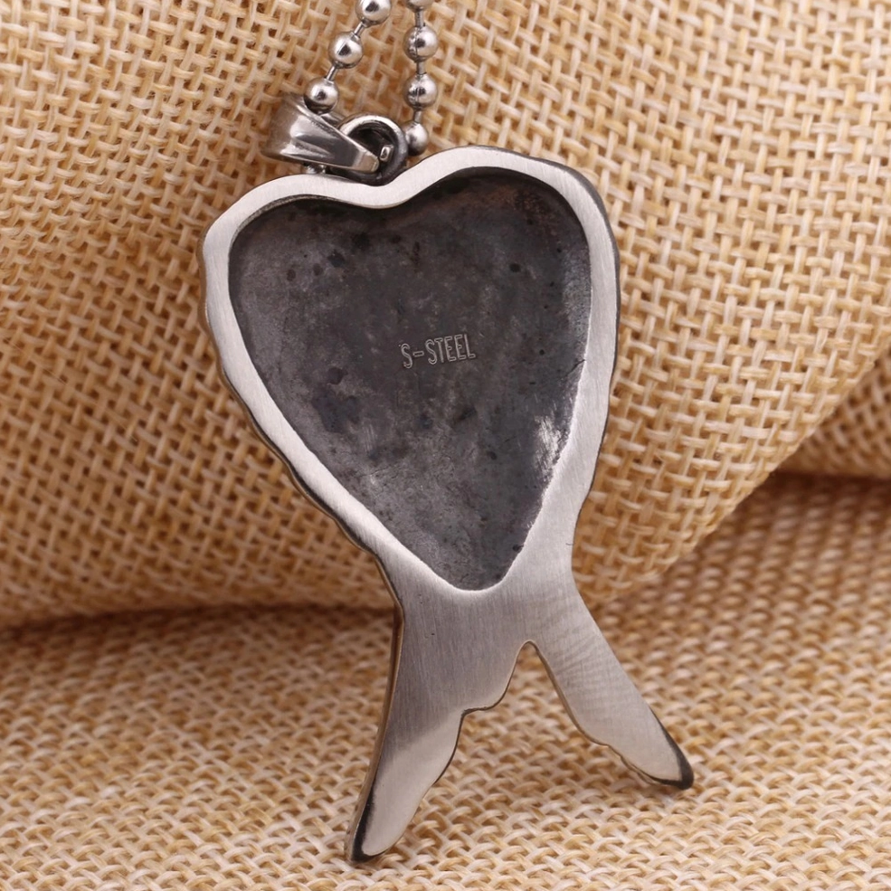 Top back view gothic angel wings pendant heart-shaped backplate S-STEEL certification stamp
