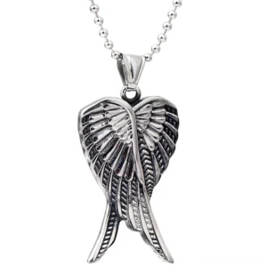 Overlapped angel wings gothic pendant necklace front view stainless steel polished silver finish