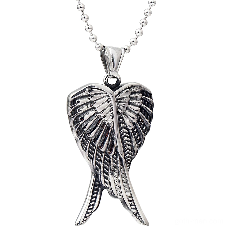Overlapped angel wings gothic pendant necklace front view stainless steel polished silver finish