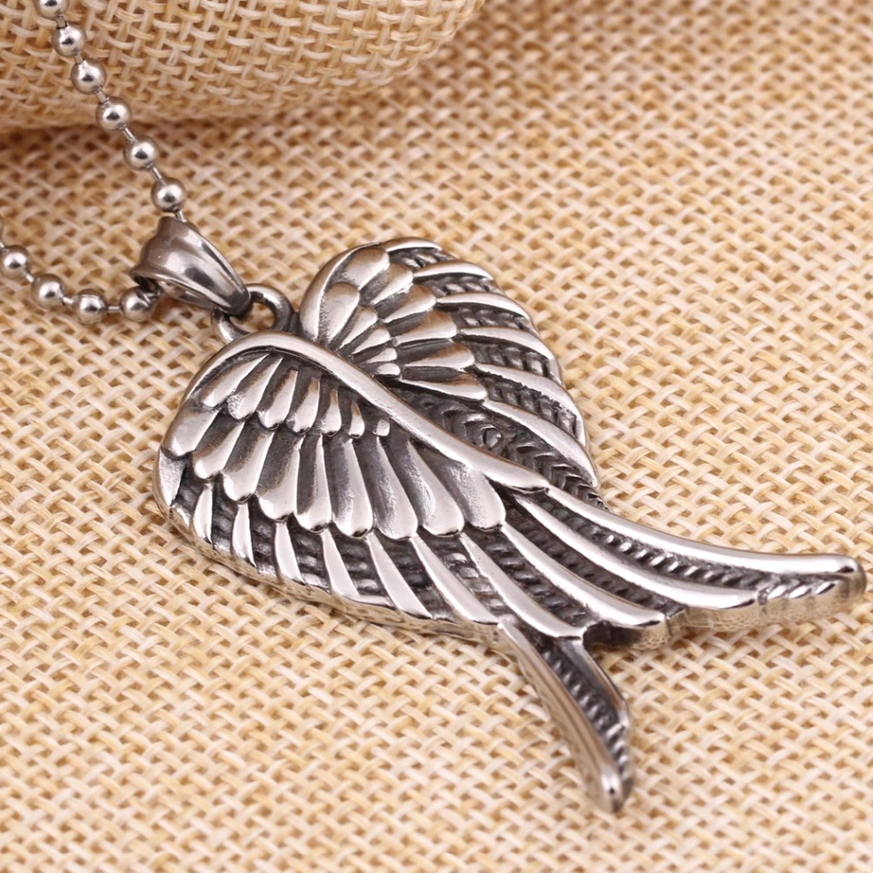 Side view gothic overlapped angel wings pendant necklace aged silver stainless steel