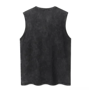 Back view of black gothic anime sleeveless distressed tank top showing clean minimal back design