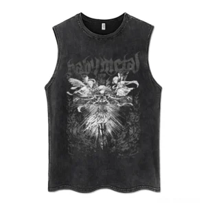 Gothic anime distressed tank top front view with metal print angel graphic on faded black fabric