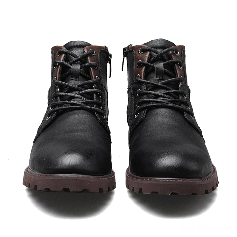 Mixed black and brown leather gothic ankle boots with side zippers, front comparison view