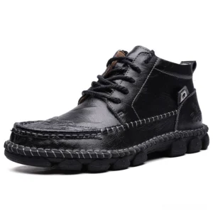Black split leather gothic ankle boots front view - men's waterproof lace-up boots with embossed details