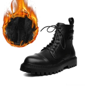 Black gothic boots with fur lining paired side view showing thick plush insole