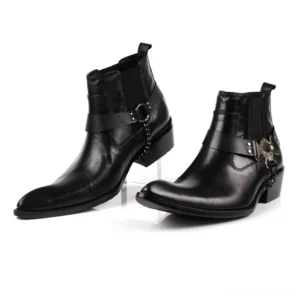 Men's black leather gothic ankle boots with metal chain and buckle hardware, pointed toe side view