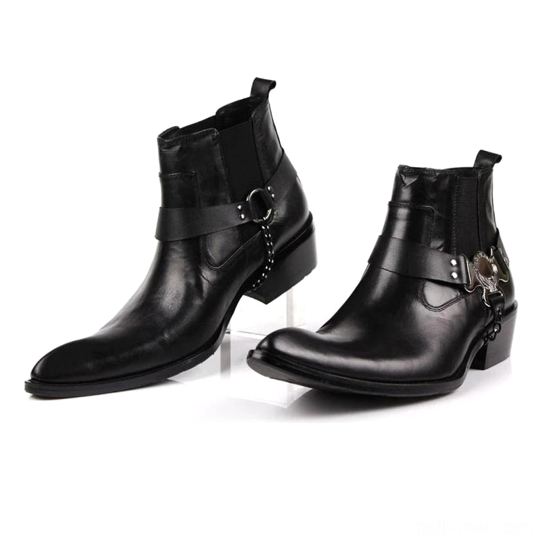 Men's black leather gothic ankle boots with metal chain and buckle hardware, pointed toe side view