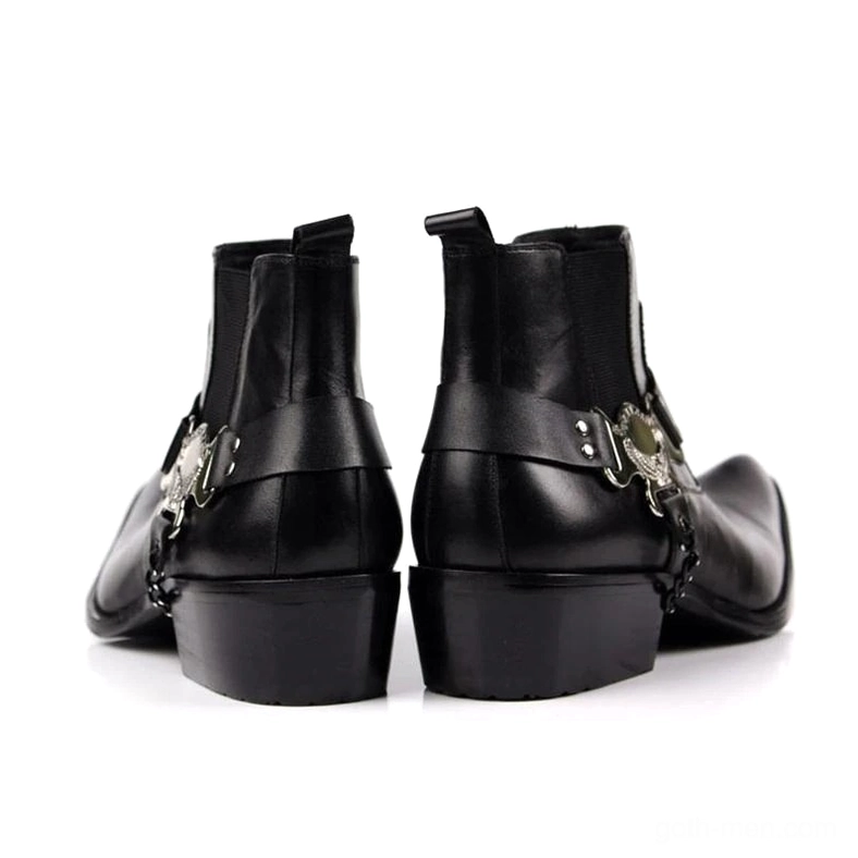 Black leather gothic ankle boots rear view with metal hardware and western-style buckle details