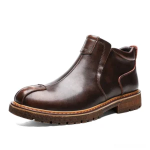 Brown leather gothic ankle boots men, Chelsea style slip-on with contrast sole stitching and heel tab