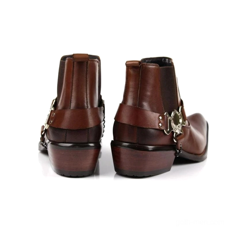 Brown leather gothic ankle boots rear view showing stacked chunky heel and metal hardware