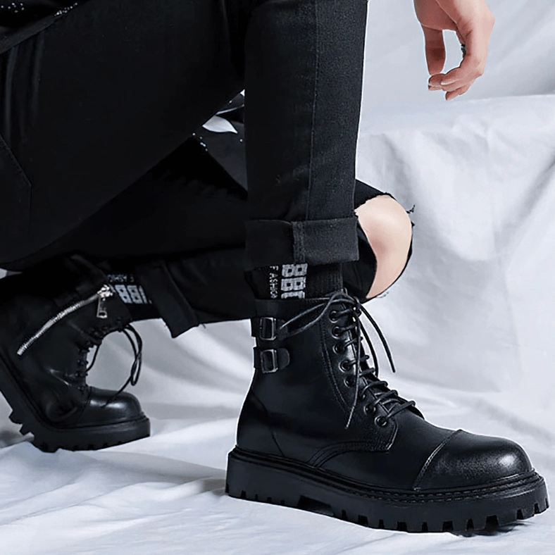 Black gothic boots with buckle straps and ankle support structure