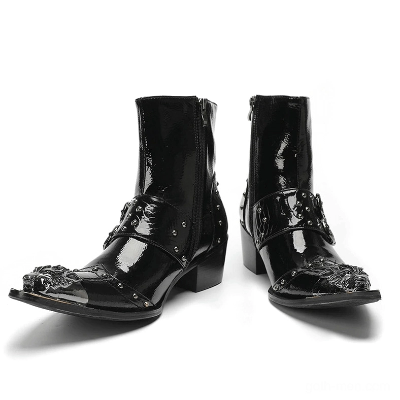Black and brown patent leather gothic ankle boots collection metal toe caps and buckle comparison