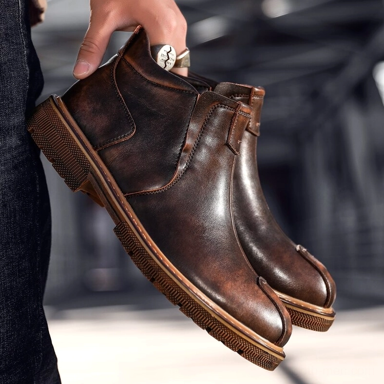 Goth men's ankle boots in classic slip-on Chelsea design, side profile showing boot silhouette
