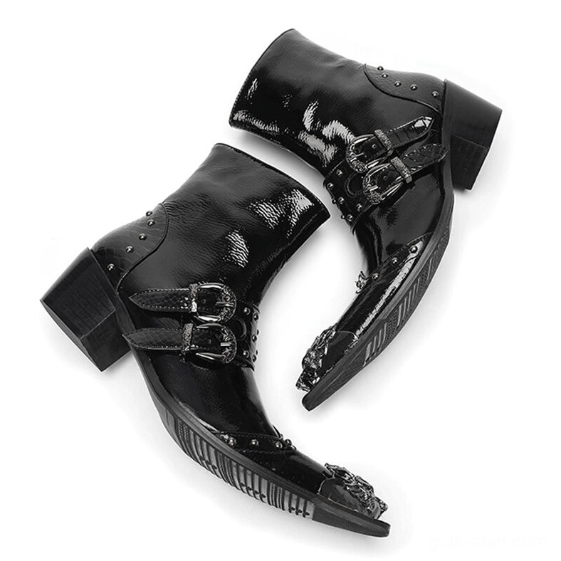 Patent leather gothic ankle boots with geometric metal toe cap and dual buckle straps architectural styling