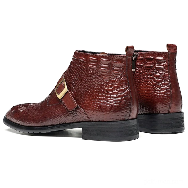 Gothic crocodile embossed leather ankle boots side and rear view with buckle strap in brown