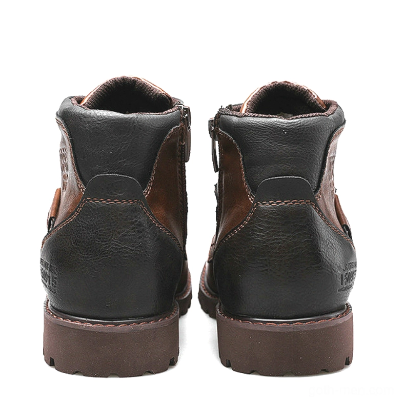 Two-tone gothic ankle boots rear view showing thick rubber sole and branded heel