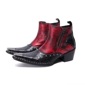 Gothic red and black double zipper ankle boots with rhinestone embellishments, three-quarter front view showcasing geometric detailing and side closure