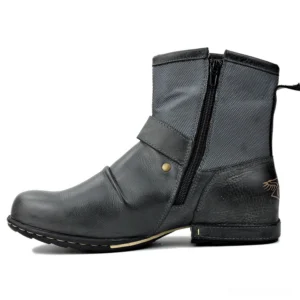 Dark grey leather biker boots with side zipper and woven ankle panel, rear side view