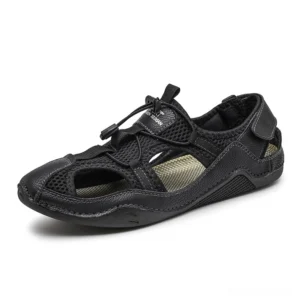Gothic men's leather sandal side view showing padded breathable insole and black tone design