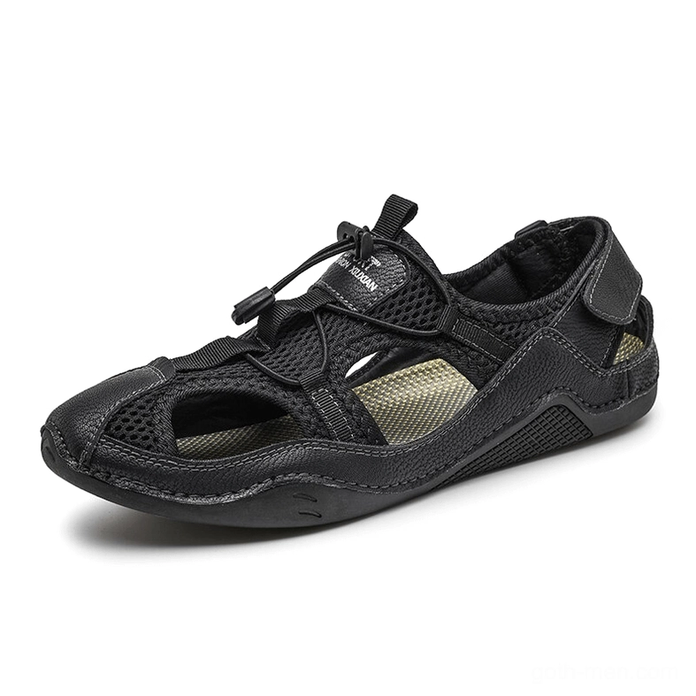 Gothic men's leather sandal side view showing padded breathable insole and black tone design