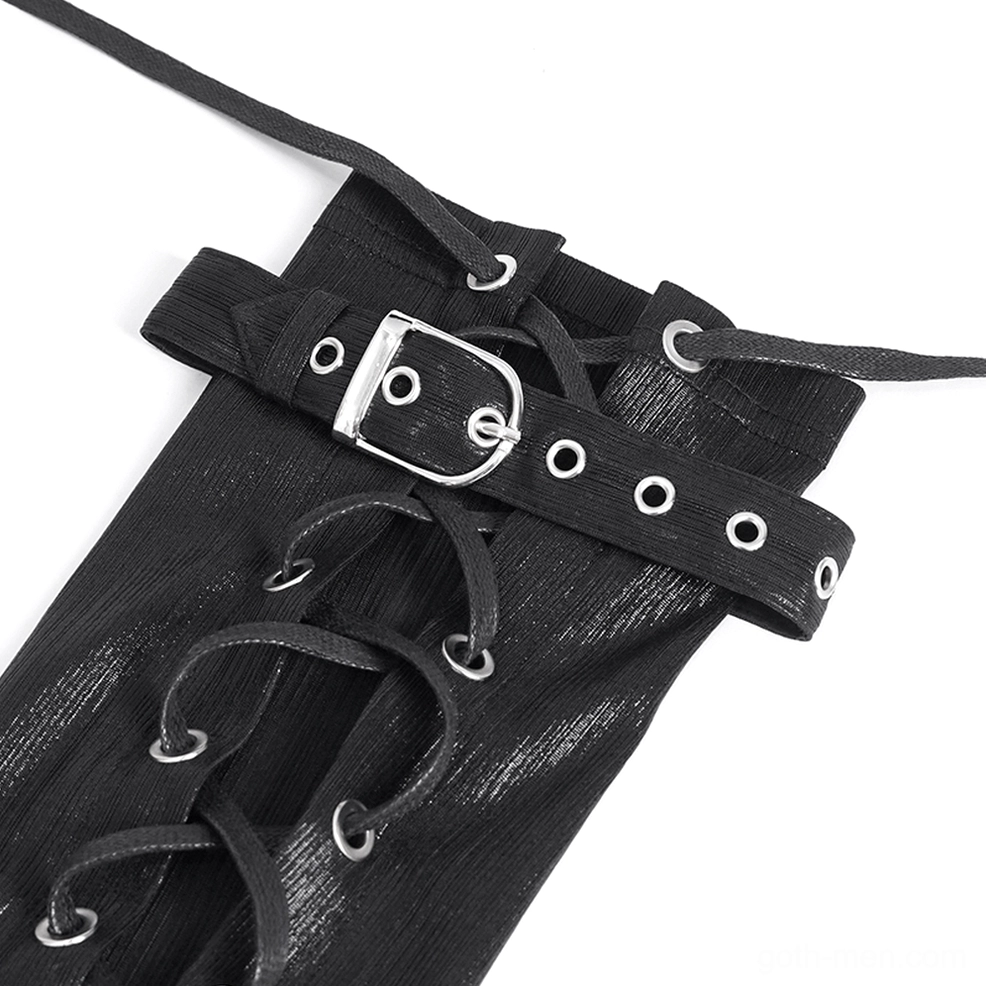 Macro side view of adjustable gothic gauntlet buckles and cross lace design with industrial detailing