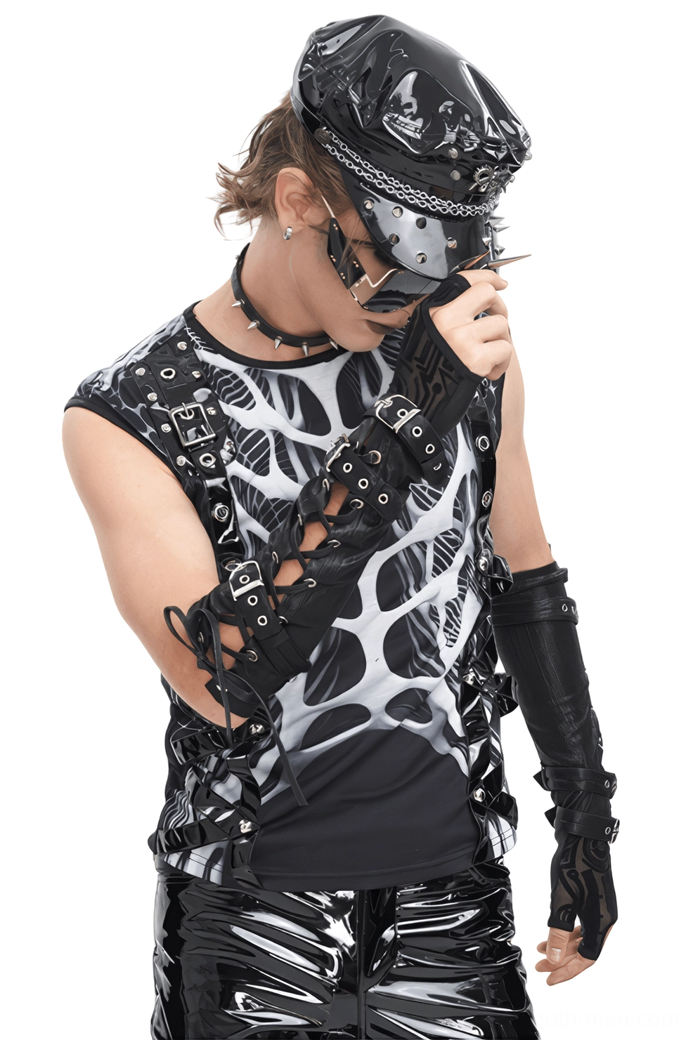 Male model wearing industrial gothic fingerless arm gauntlets with captain hat and sunglasses, three-quarter close-up view