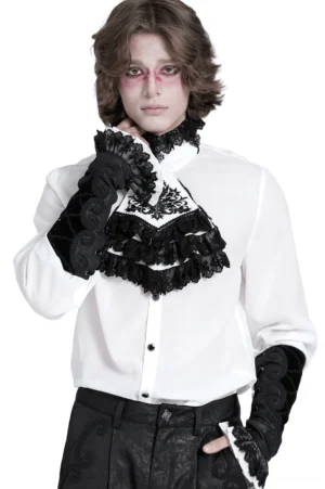 Gothic arm gauntlets front view on male cosplayer model with goth makeup and matching jabot collar, black velvet with ornamental embroidery, studio photography