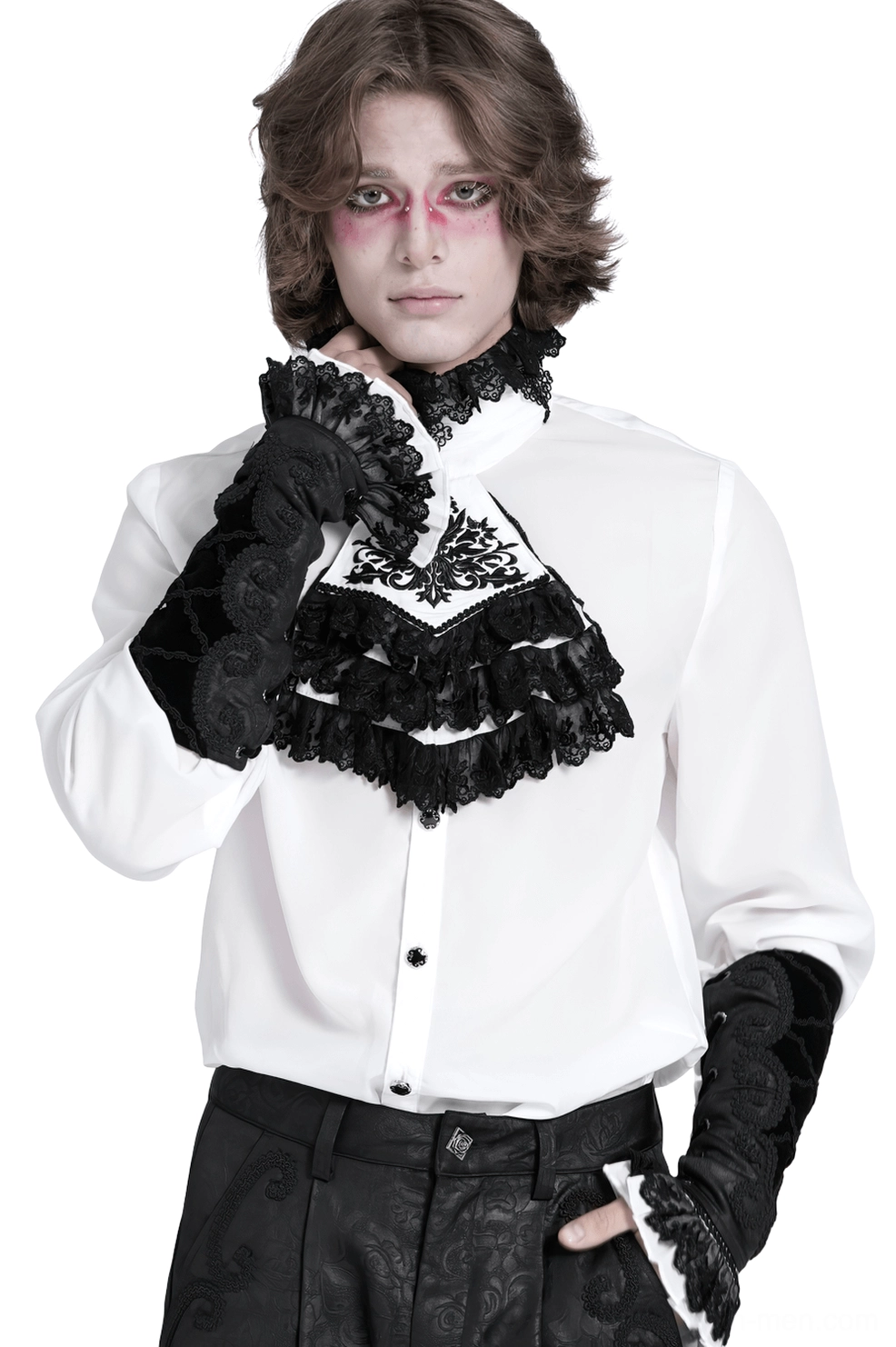 Gothic arm gauntlets front view on male cosplayer model with goth makeup and matching jabot collar, black velvet with ornamental embroidery, studio photography