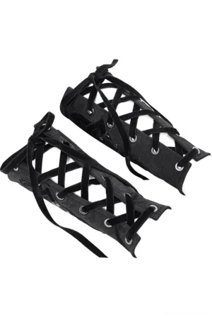 Overhead flat lay of black gothic lace-up arm guards showing corset-style closure and metal eyelet details