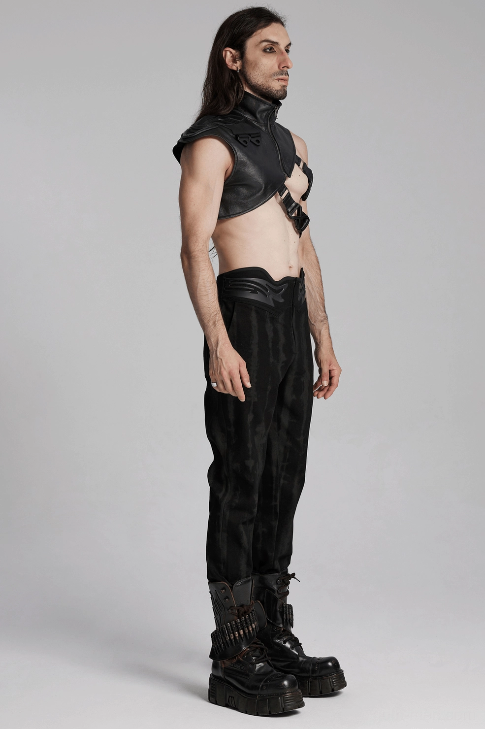 Alternative angle of industrial gothic shoulder armor highlighting buckle adjustments and stand-up collar design