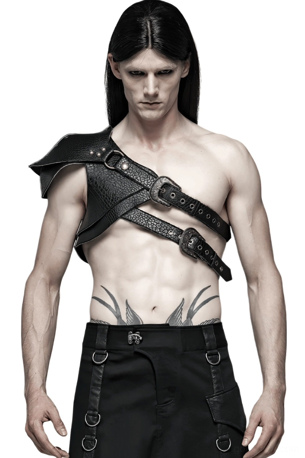 Black gothic leather shoulder armor harness with vintage bronze buckles worn by male model, front view studio photography