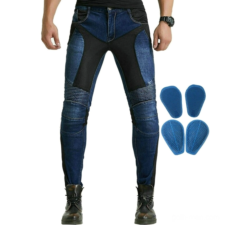 Reinforced motorcycle jeans with blue breathable protective pads and stretch panels