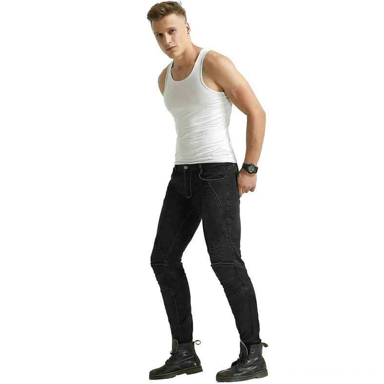 Gothic armor riding jeans with detachable protective pads and color-blocked design