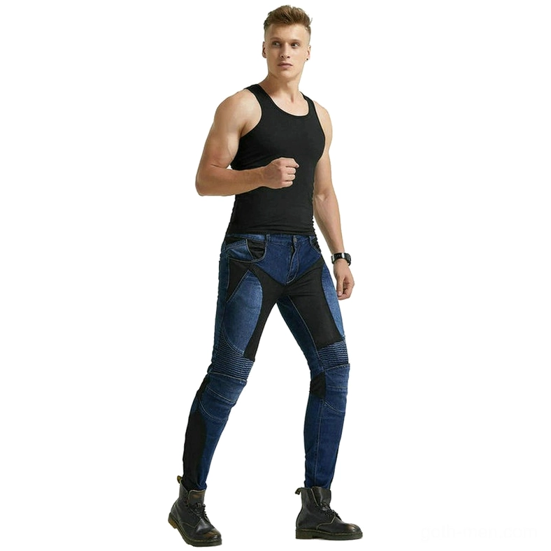 Gothic protection denim with form-fitting silhouette and armor reinforcement zones