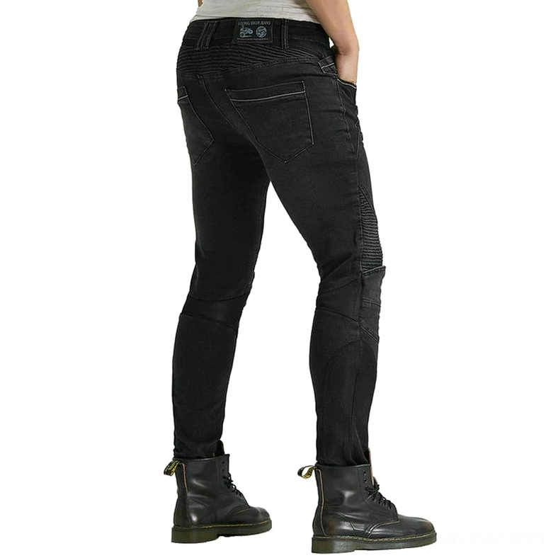 Reinforced motorcycle jeans rear three-quarter view showing black denim and knee protection pleat