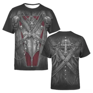 Gothic armor print t-shirt back view featuring skull and cross strap design on black polyester tee