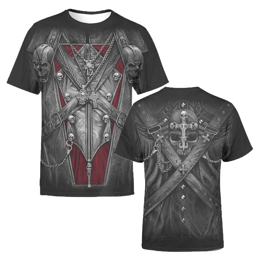 Gothic armor print t-shirt back view featuring skull and cross strap design on black polyester tee