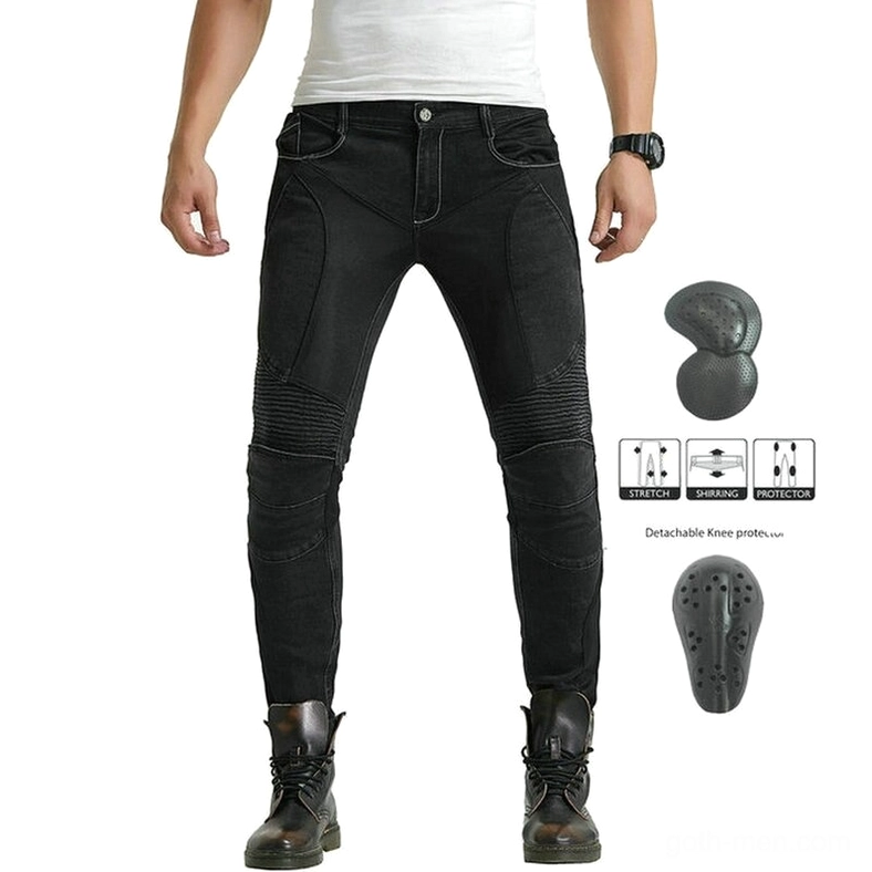 Reinforced motorcycle riding pants with pleated knee armor and gothic aesthetic