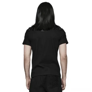 Black gothic armor t-shirt rear view, detachable rivet shoulder pads visible from back, industrial punk style mens tee, studio background