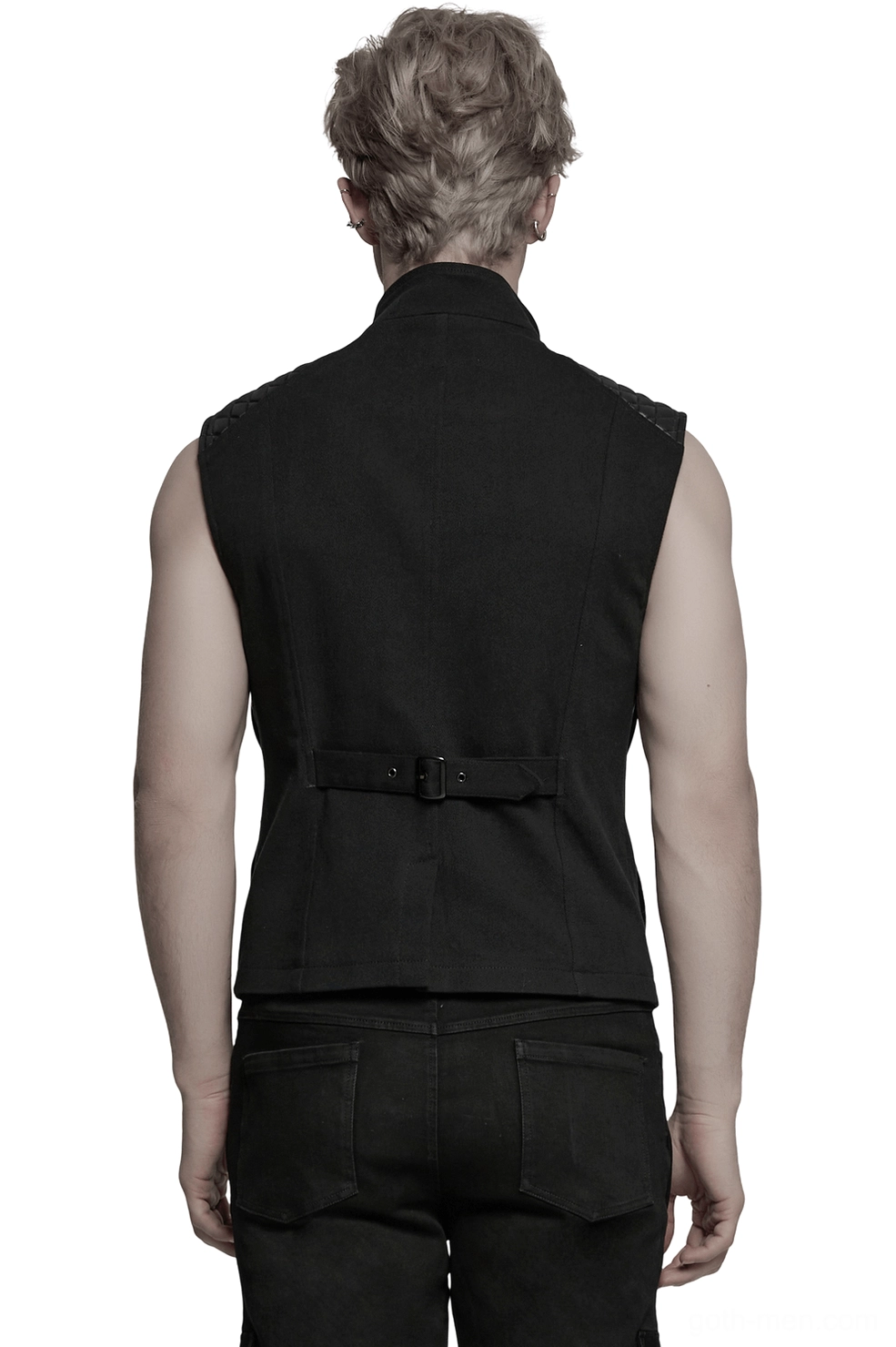 Black tactical vest rear view showing adjustable waist strap and back design