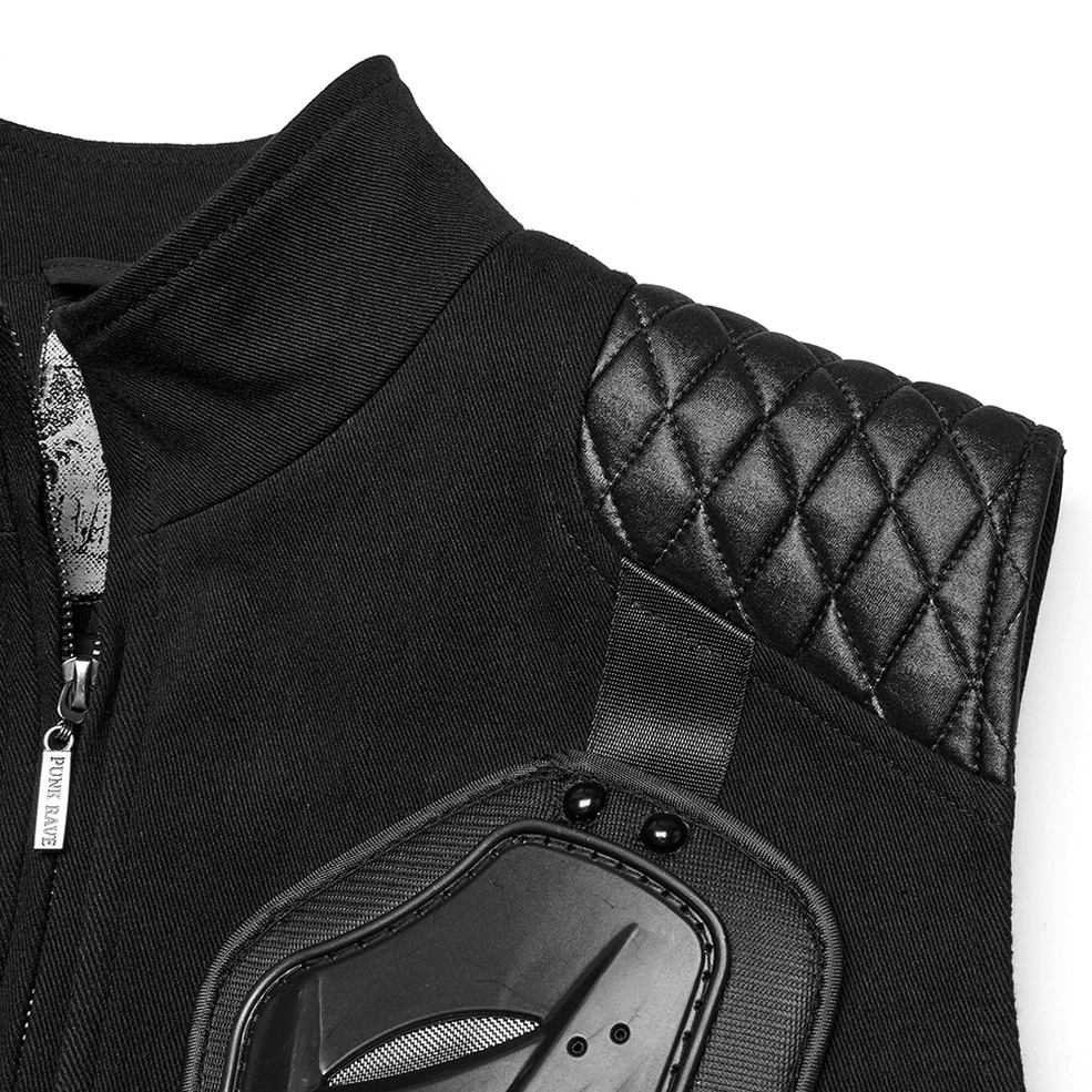 Close-up of gothic tactical vest collar and shoulder quilted detail with zipper