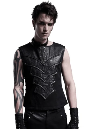 Gothic armor chest protector vest front view on male model with chevron leather panels and metal rivets