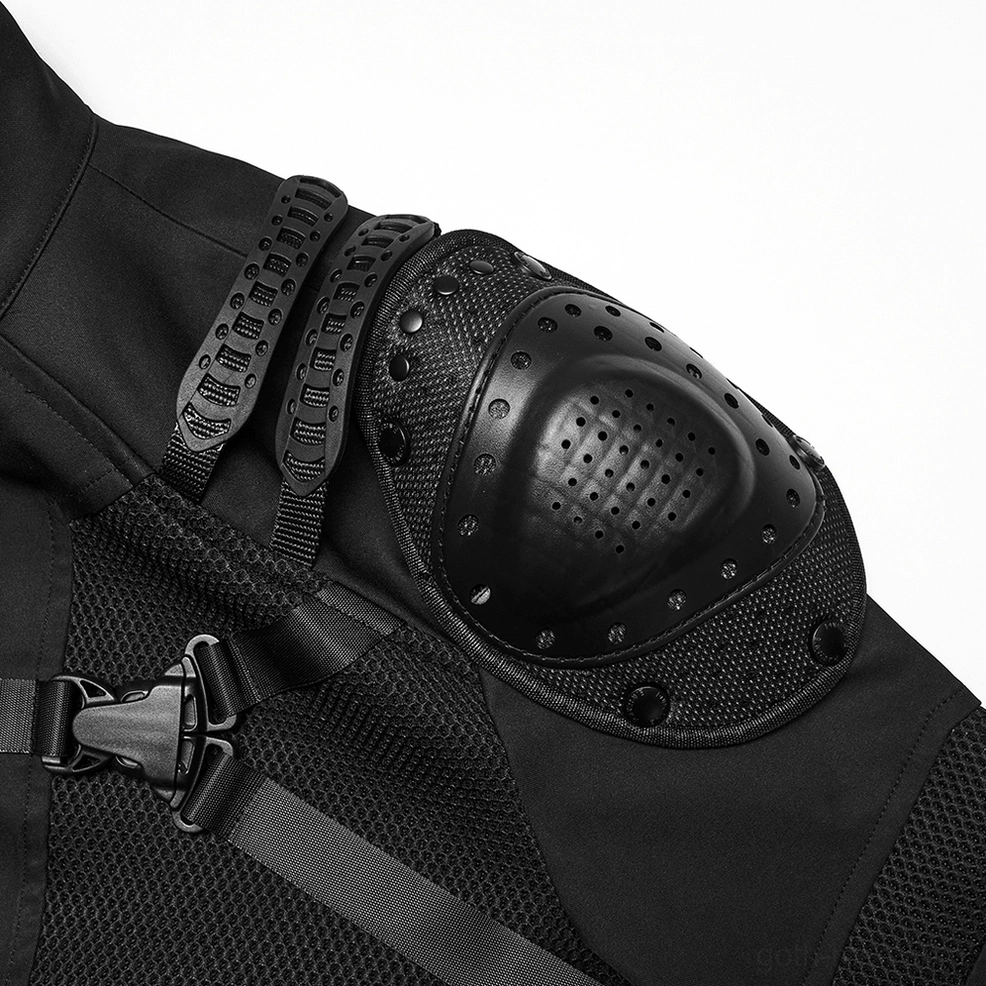 Black Gothic Armored Jacket - Shoulder Pad Detail Showing Perforated Protection and Webbing