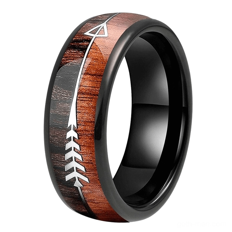 Black gothic arrow wood grain stainless steel ring unisex alternative jewelry left side view