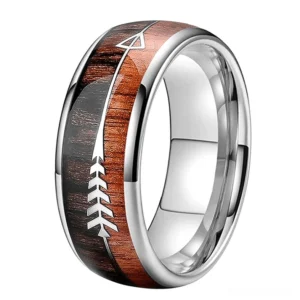 Silver polished gothic arrow ring with wood texture unisex stainless steel right angle shot