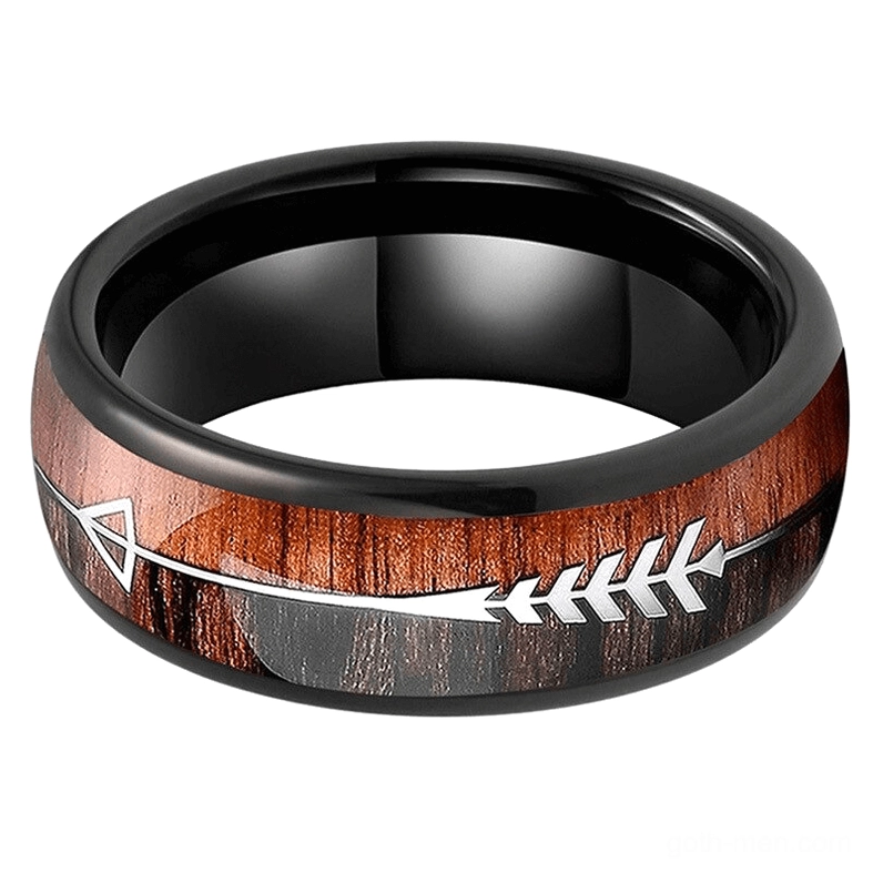 Gothic stainless steel ring top view arrow wood grain texture matte black finish
