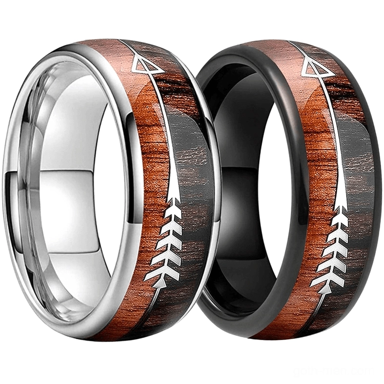 Black and silver gothic rings with arrow inlay wood grain pattern unisex pair comparison