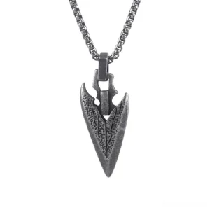 Gunblack antiqued arrowhead necklace with split-structure pendant design overhead