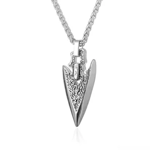 Silver arrowhead gothic pendant necklace with textured carved surface front view